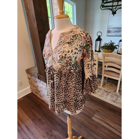 NJ Couture Bohemian People Boho Lace Leopard Floral Tassel Top Size‎ S/M Baydoll - Picture 2 of 12